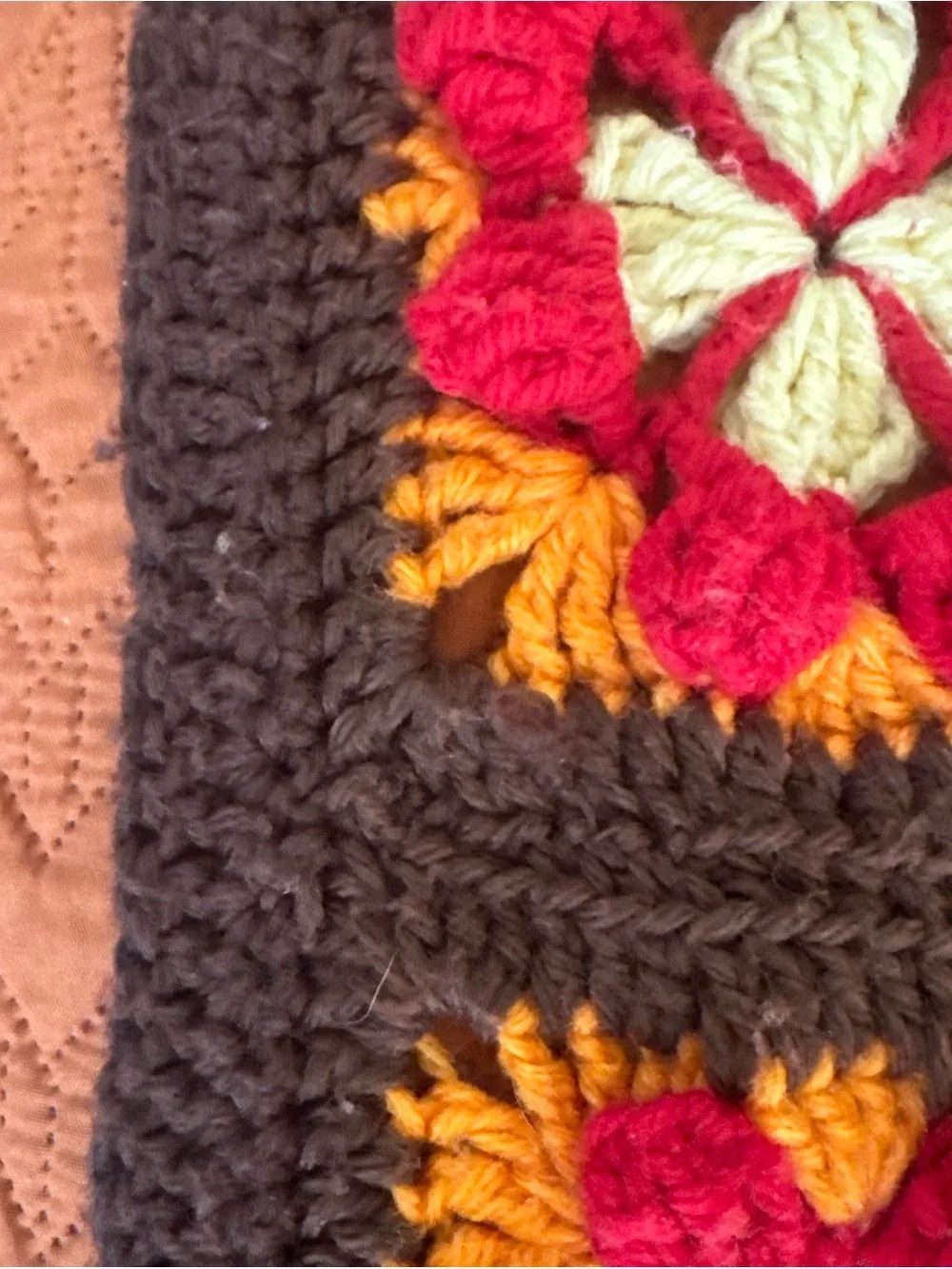 Handmade Crochet Granny Square Afghan Throw 94x51 Floral Brown Red Orange AS-IS